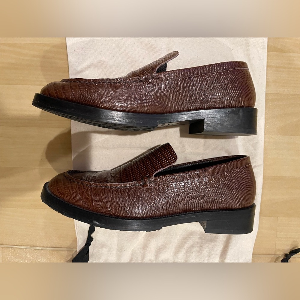 BY FAR Brown Croc-Embossed Leather Loafers